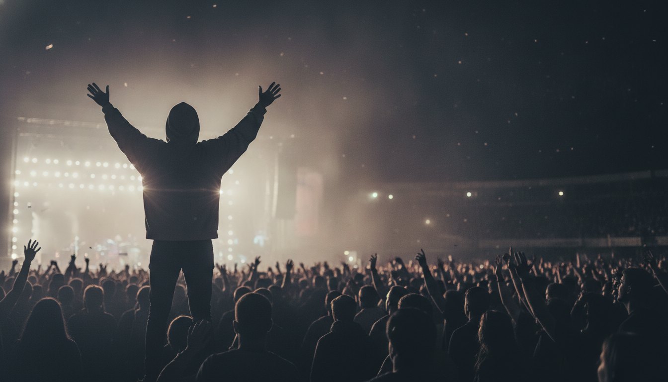 Jovem de costas com braços erguidos em meio a uma multidão assistindo a um show noturno.