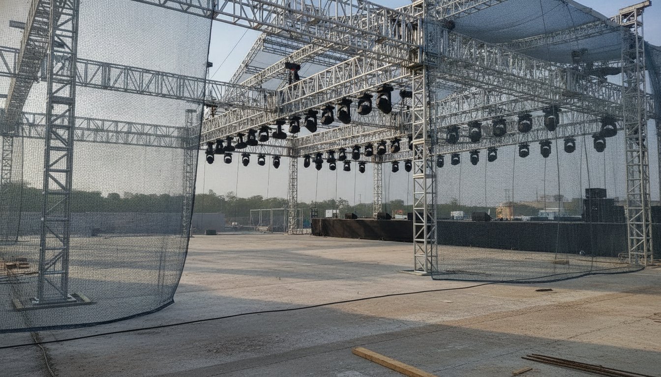 Estrutura metálica suspensa sobre palco de festival com refletores fixados e telas de contenção ao redor.