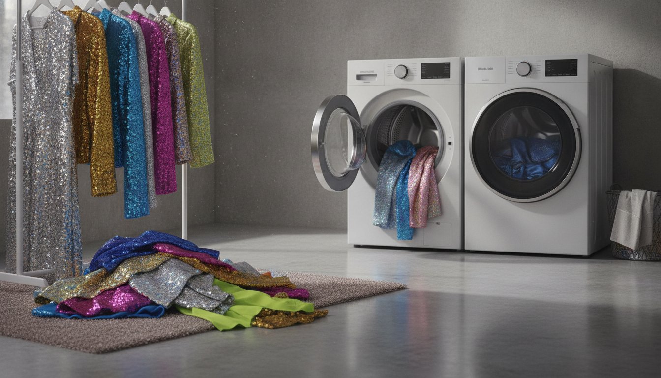 Roupas brilhantes e coloridas ao lado de uma máquina de lavar no camarim do show.