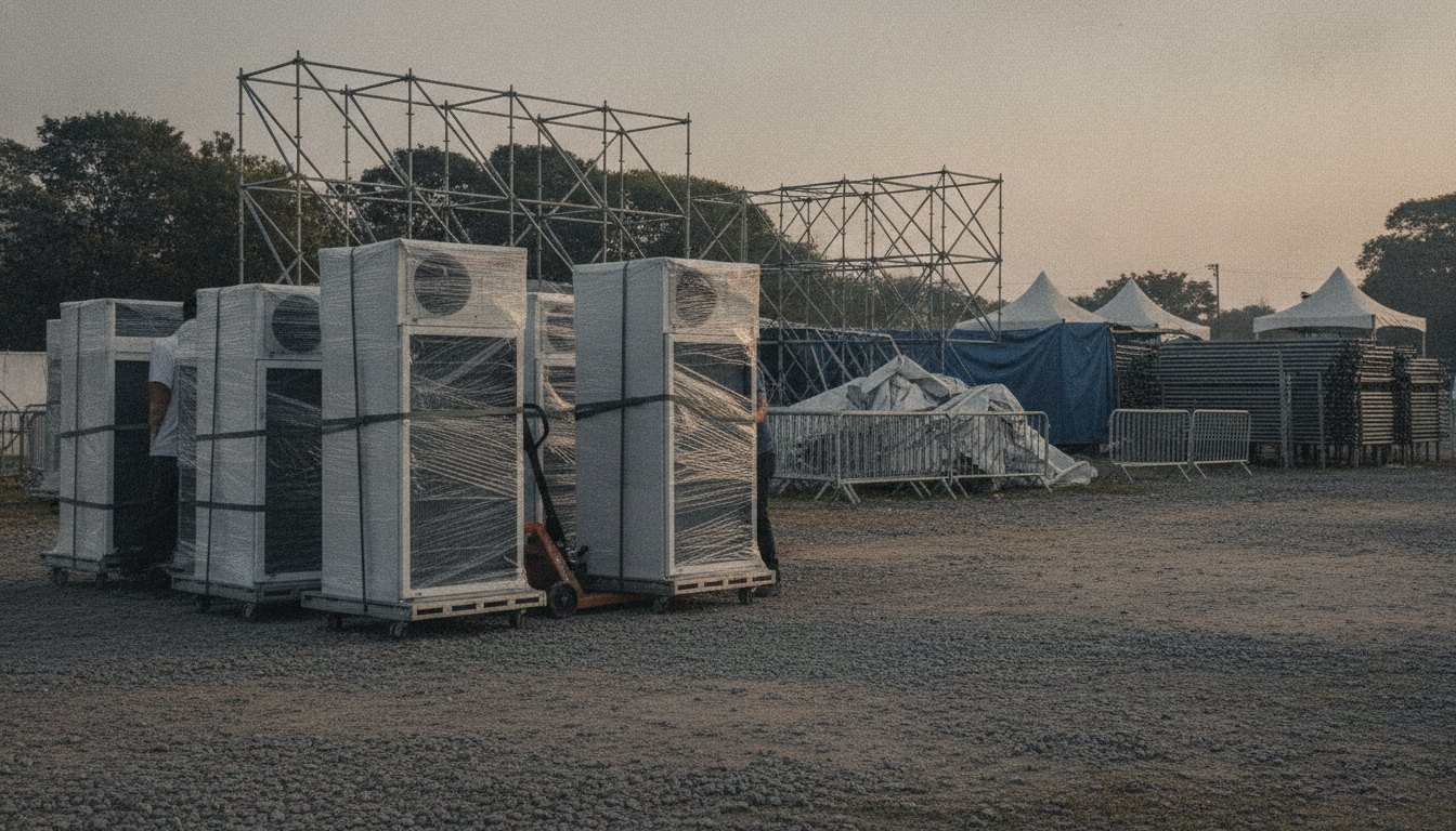 Profissionais movimentando geladeiras comerciais e equipamentos de climatização em um pátio de festival desmontado.