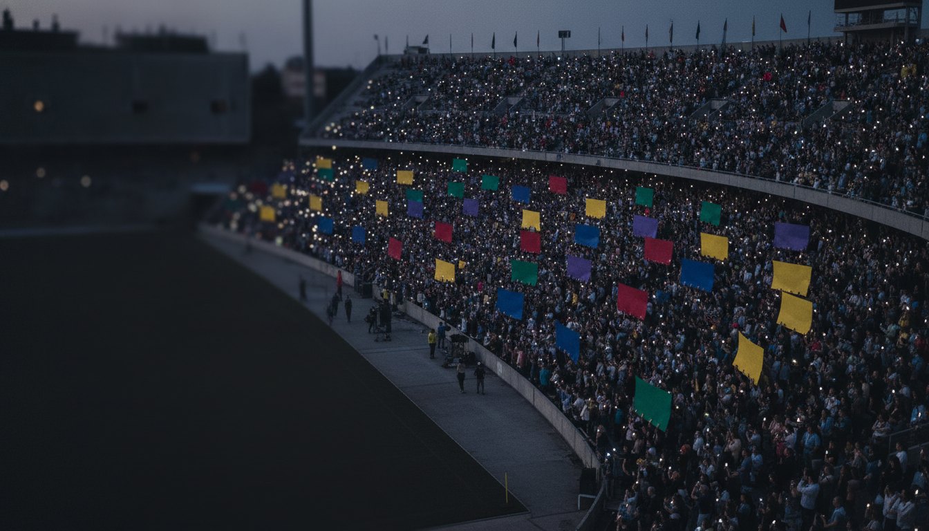 Multidão em um estádio escuro segurando lanternas de celular e cartazes coloridos erguidos.