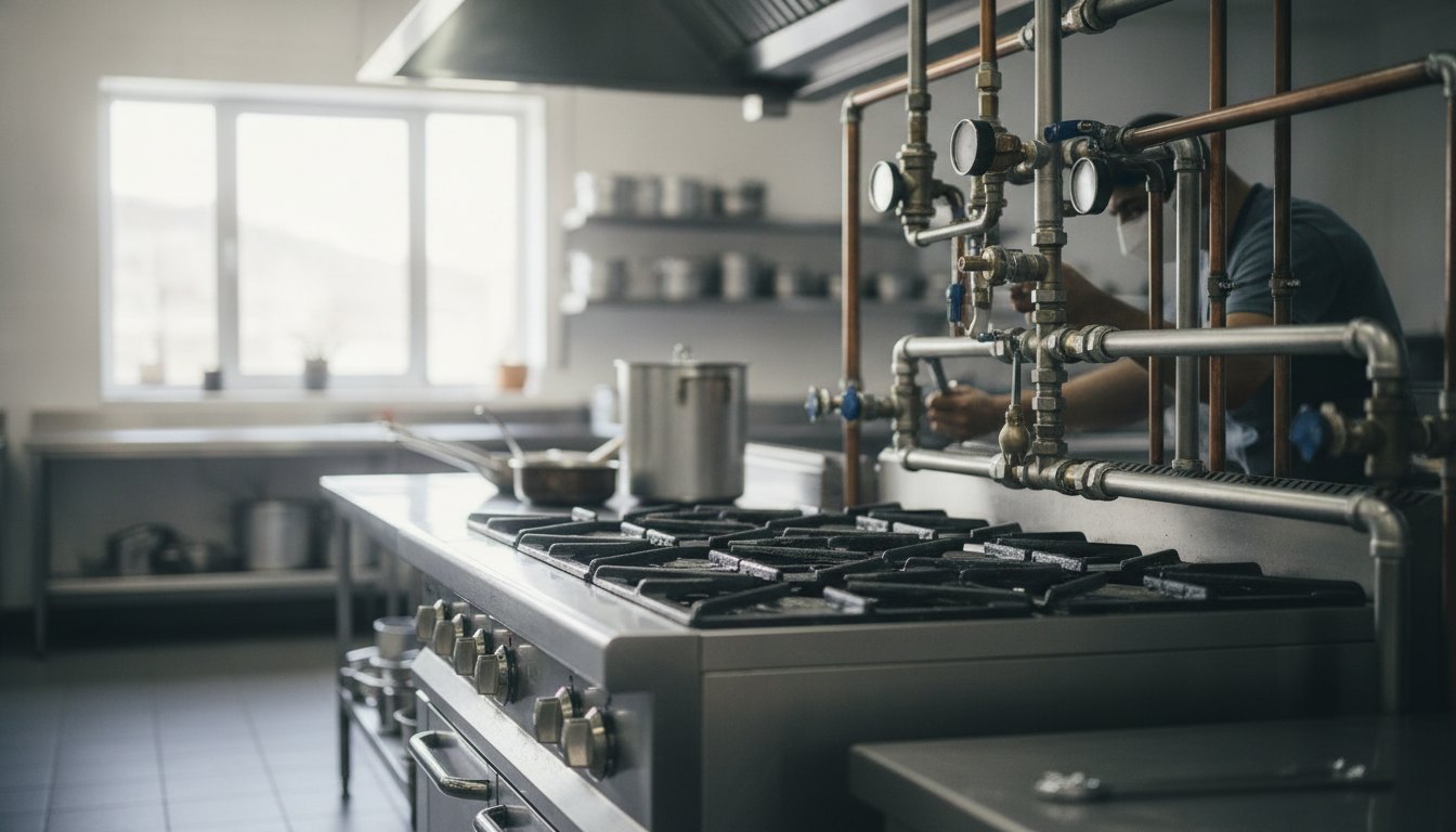 Profissional de manutenção ajustando tubulação de metal atrás de fogão industrial em cozinha de apoio.