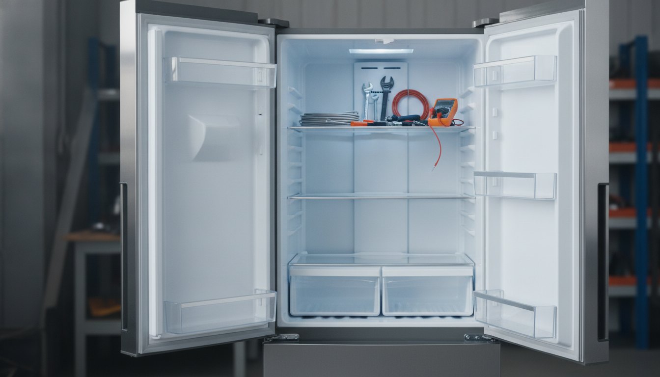 Uma geladeira de aço inox aberta com ferramentas de manutenção na prateleira superior.