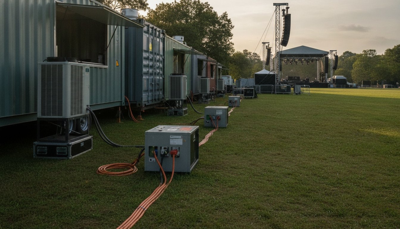Contêineres e trailers de alimentação estacionados em um parque durante a montagem de um show.