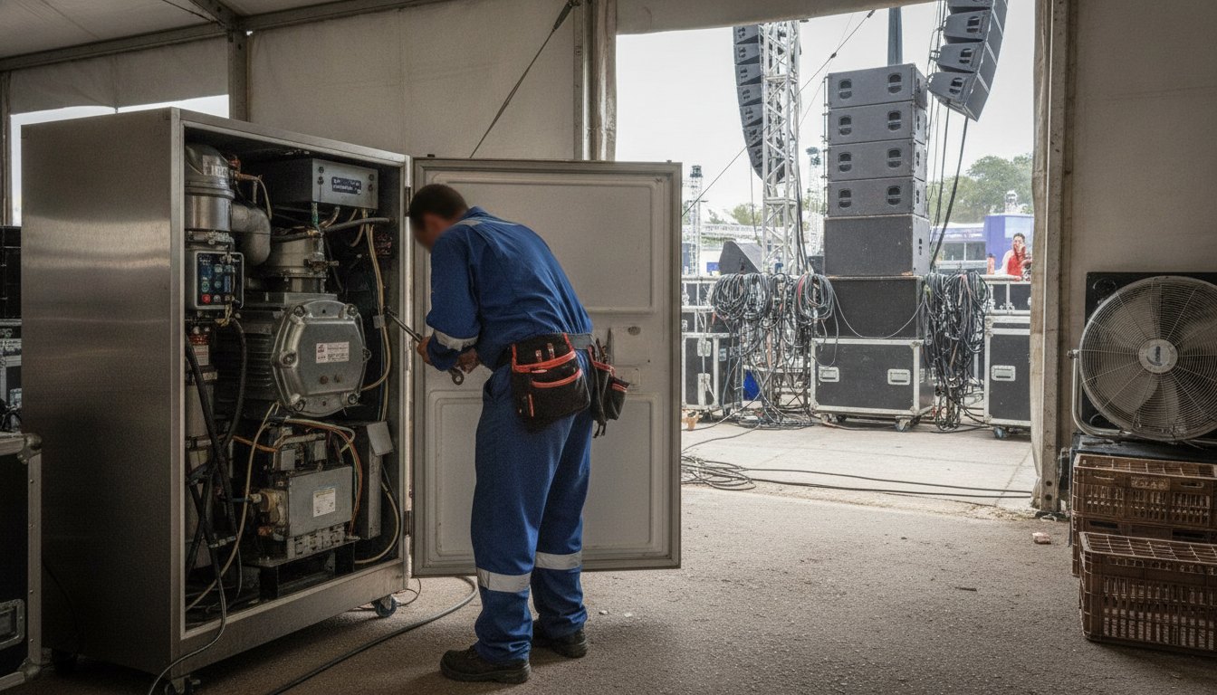 Técnico inspecionando o motor de uma geladeira comercial nos bastidores de um festival de música.