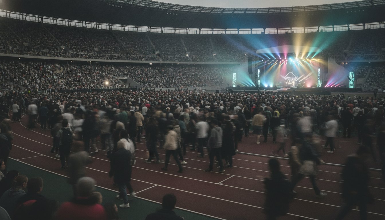 multidão em pista de estádio escuro com palco iluminado por luzes coloridas ao fundo