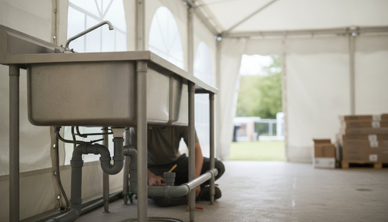 Profissional ajustando tubos de PVC conectados a uma pia de inox em tenda de evento.