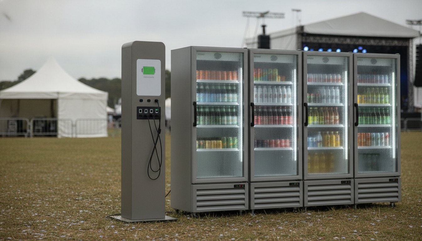 Totem de recarga de celulares ao lado de geladeiras de bebidas em um festival de música.