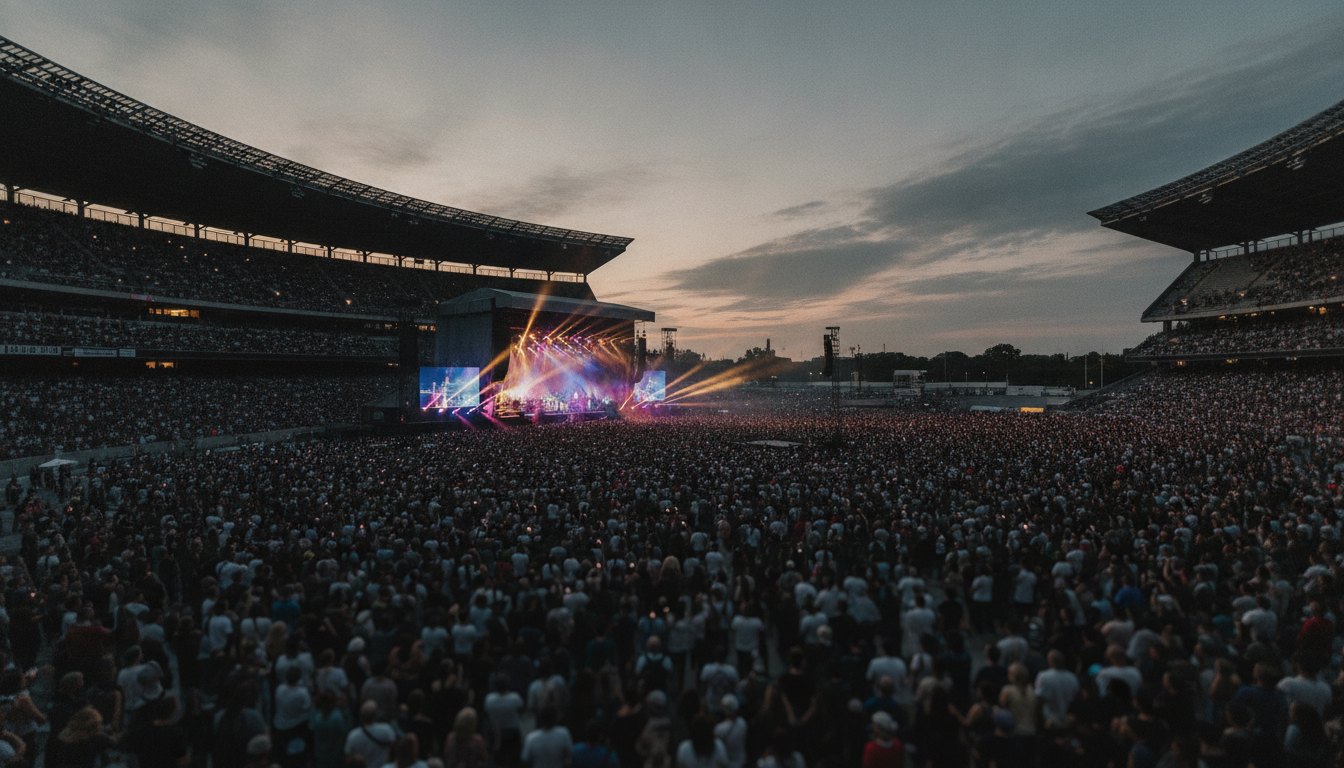 Multidão assistindo a um show em um grande estádio com iluminação colorida no palco.