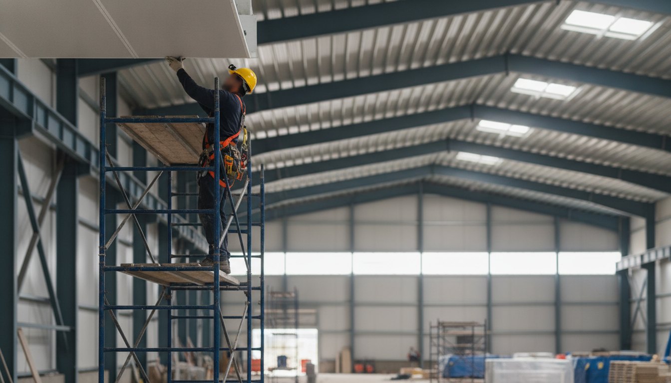 Trabalhador com capacete de proteção instalando placas de revestimento no teto de um grande galpão.