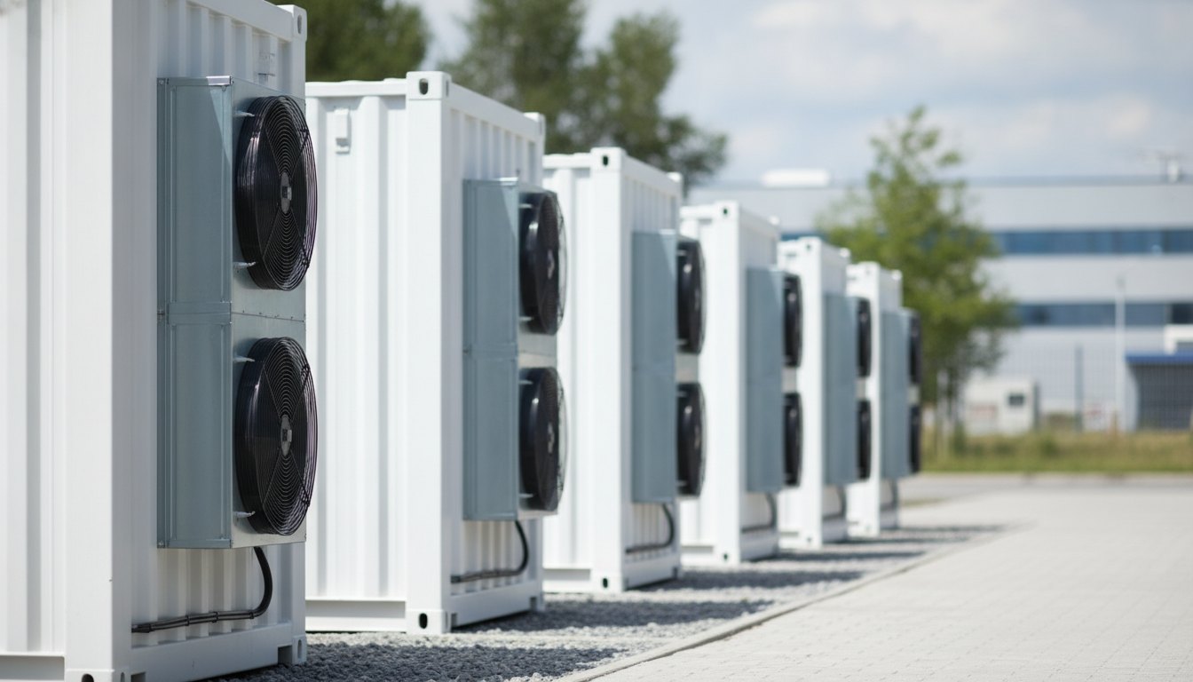 Contêineres modulares brancos organizados ao ar livre com aparelhos de refrigeração instalados nas laterais
