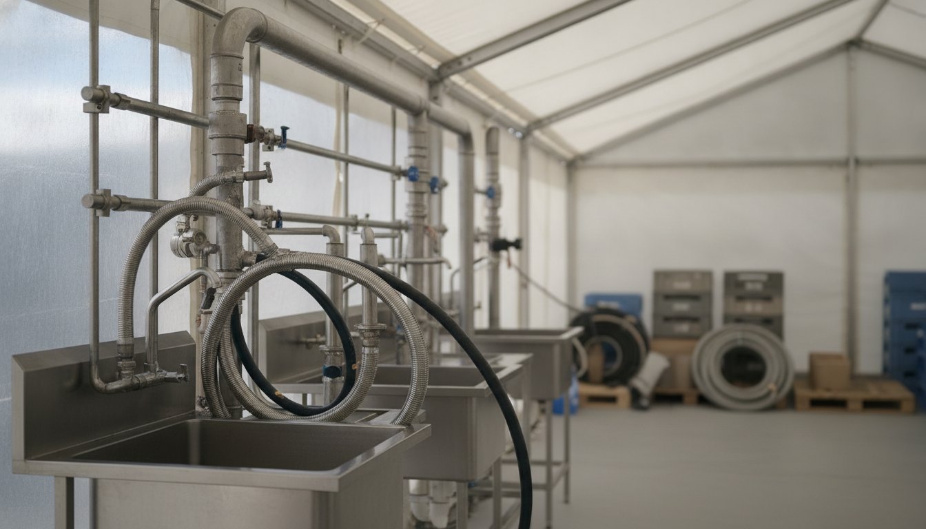 Tubulações e mangueiras conectadas a pias de metal em uma cozinha temporária montada sob tenda.
