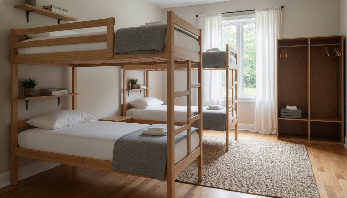 Quarto de uma casa de apoio recém-montado com beliches de madeira e colchões organizados.