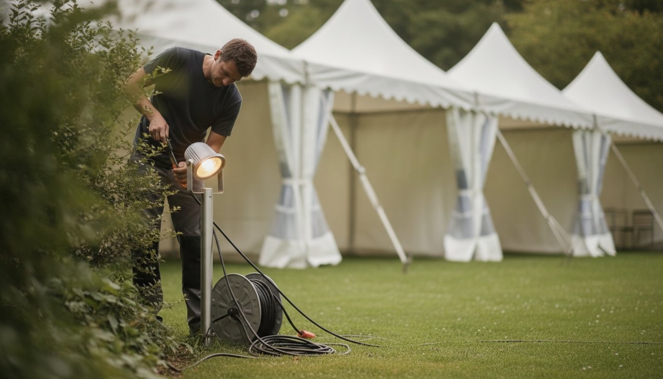 Trabalhador ajustando iluminação em um jardim com tendas de evento montadas ao fundo.