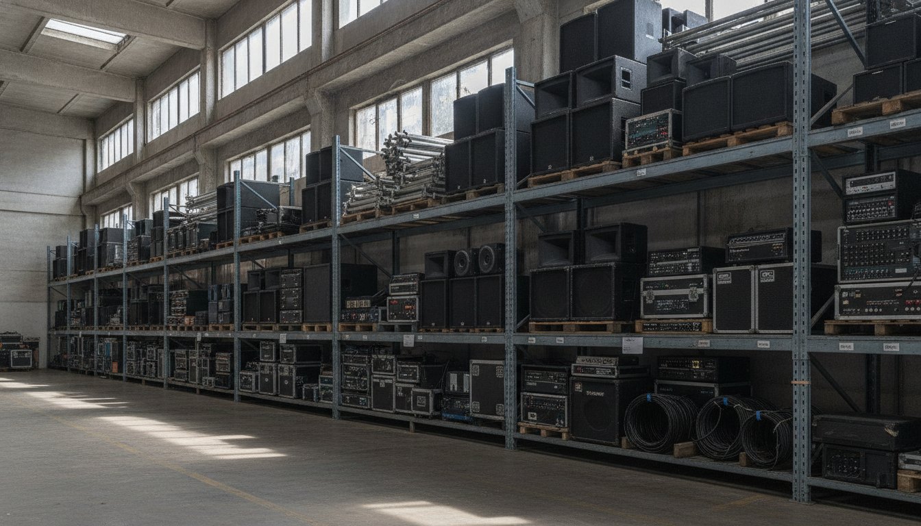 Galpão amplo com caixas de som e estruturas metálicas organizadas em prateleiras industriais.