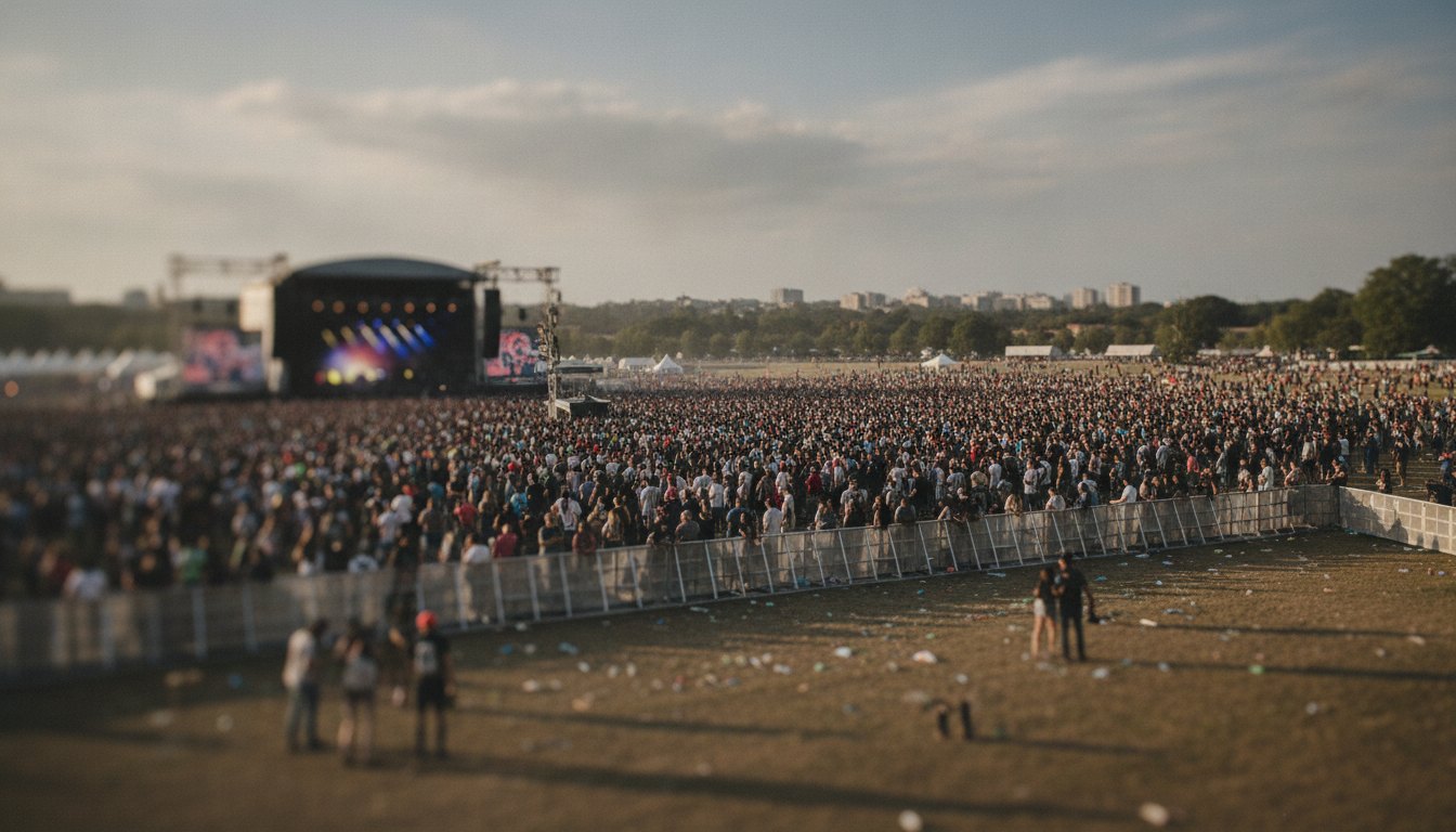 Multidão de pessoas em pé assistindo a um show em um grande palco ao ar livre.
