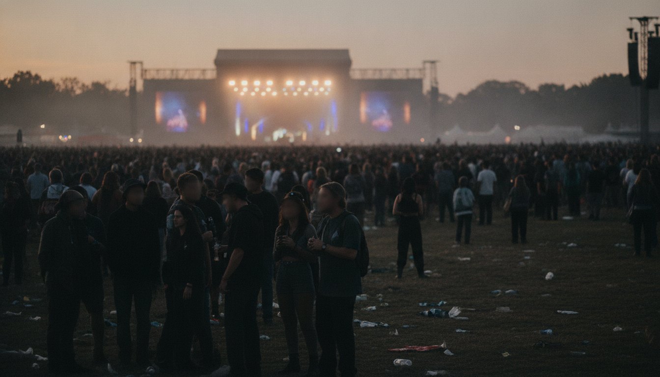 Público denso em um festival de música com luzes de palco ao fundo.