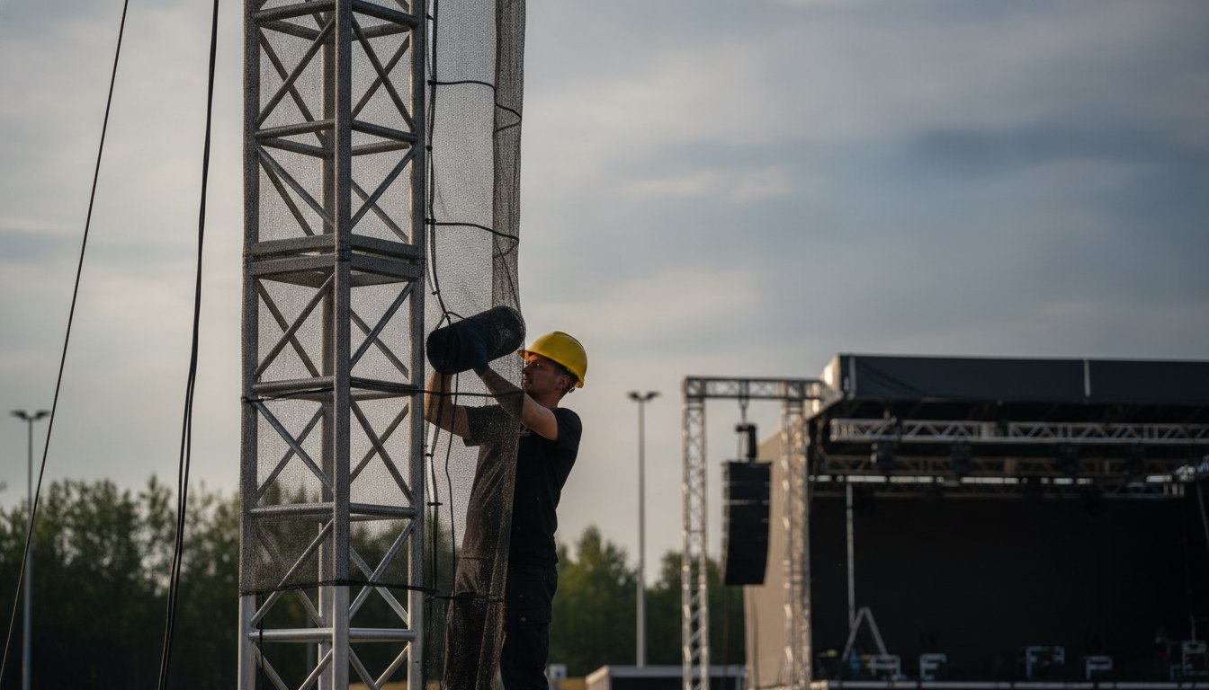 Trabalhador com capacete instalando malha de segurança preta em torre metálica de iluminação de palco.