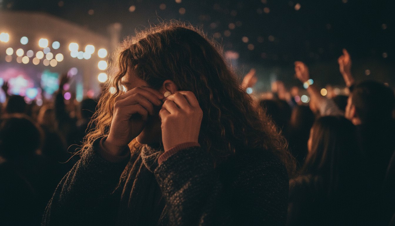 Pessoa na plateia de um festival noturno inserindo um protetor auricular de silicone no ouvido.