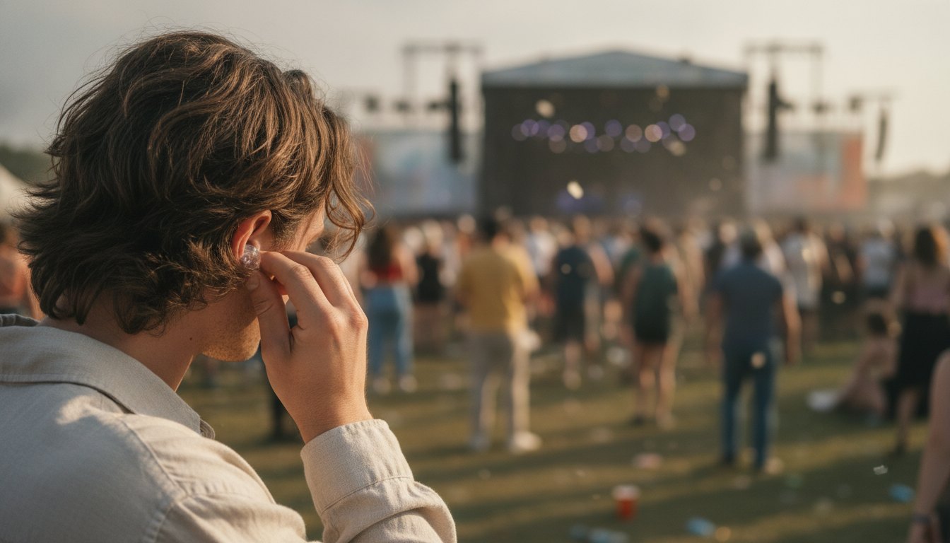 Pessoa em um festival de música colocando um pequeno filtro de ruído transparente no ouvido.
