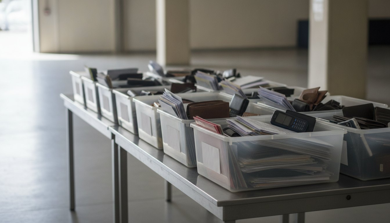 Pilha de documentos, carteiras e celulares organizados em caixas plásticas sobre uma mesa de triagem.