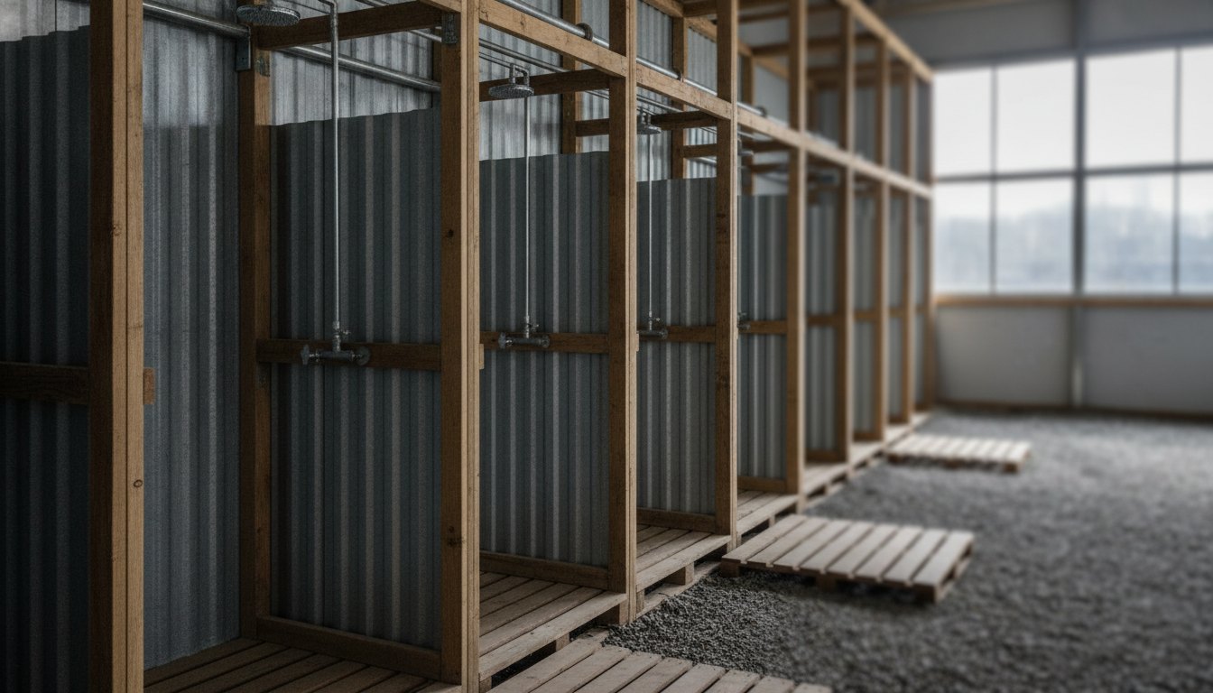 Área de vestiários provisórios com cabines de chuveiros alinhadas e tubulações aparentes na parte superior.