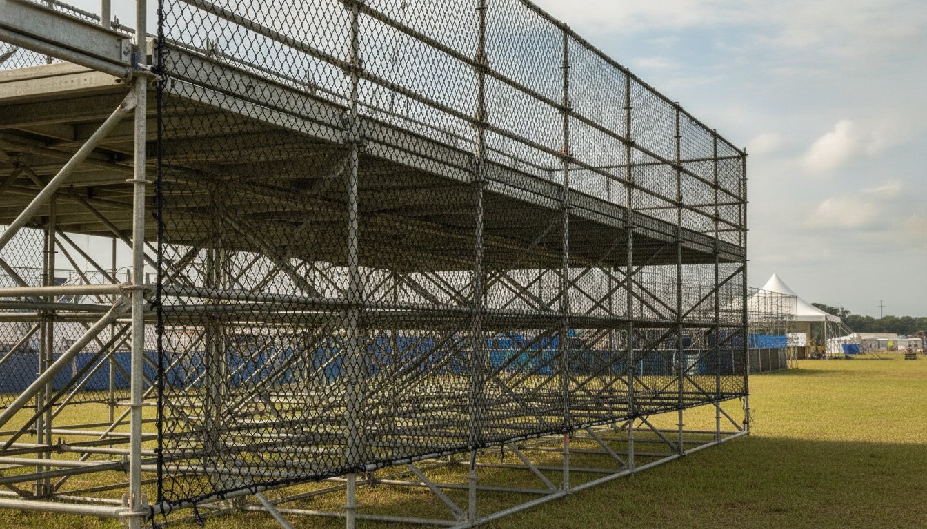 Estrutura metálica de um camarote de festival com redes de segurança instaladas nas laterais.
