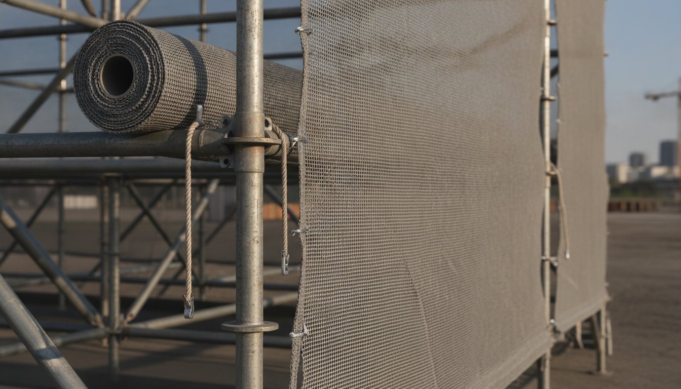 Trabalhadores com capacetes fixando malhas de contenção em uma estrutura metálica tubular de um palco.