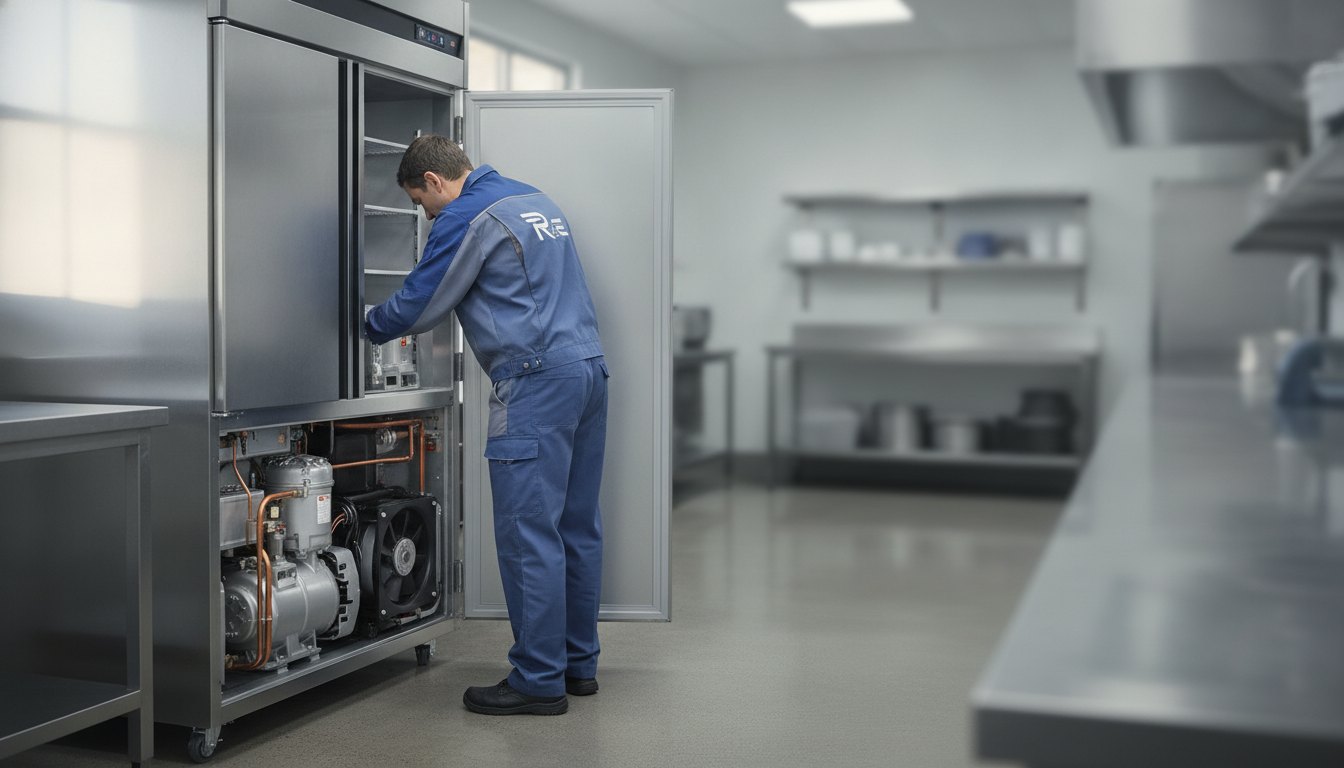 Técnico com uniforme inspecionando o motor de uma geladeira metálica em uma cozinha bem iluminada.