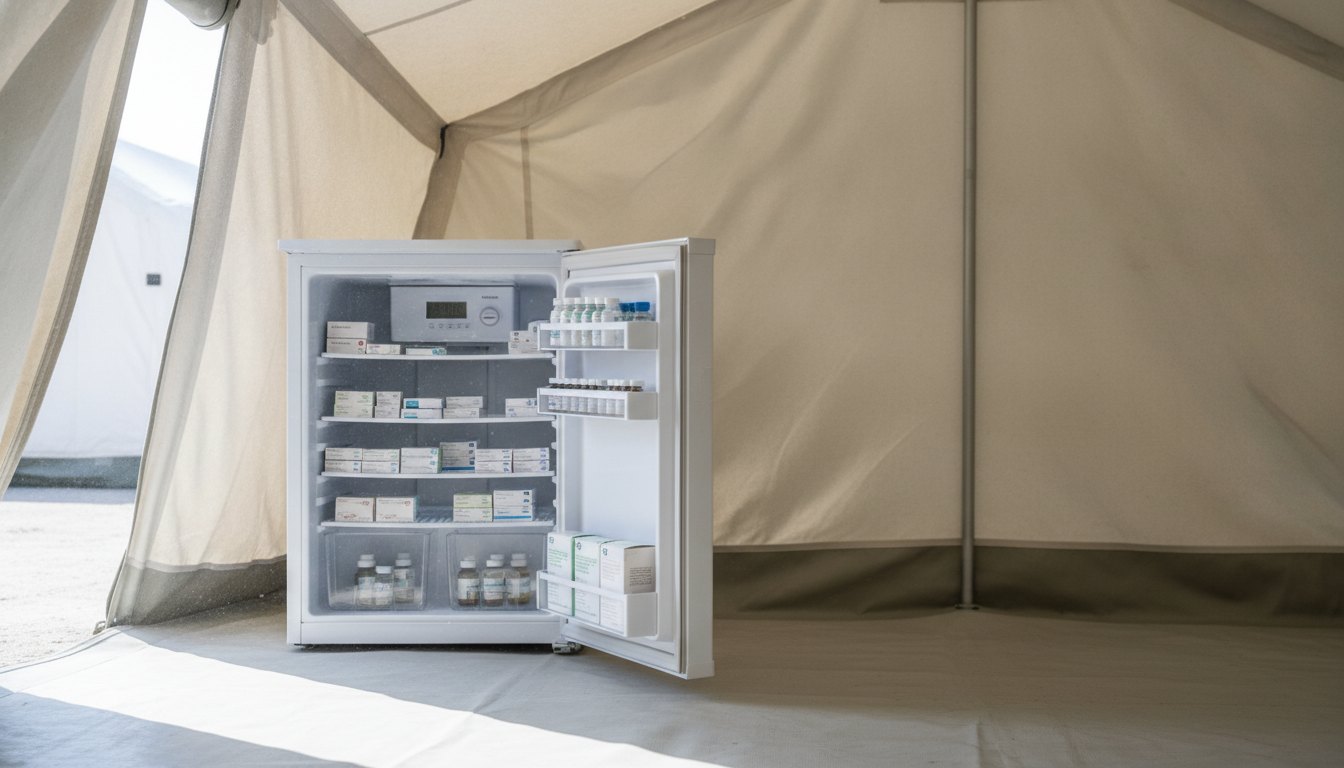 Profissional de saúde organizando medicamentos dentro de uma pequena geladeira branca em uma tenda médica.
