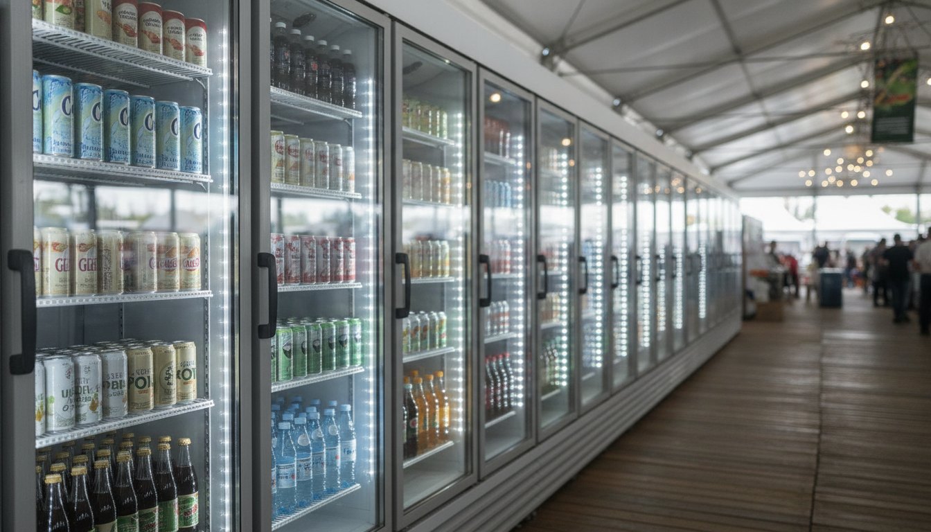 Geladeiras expositoras com portas de vidro abastecidas com bebidas em um estande iluminado de festival.