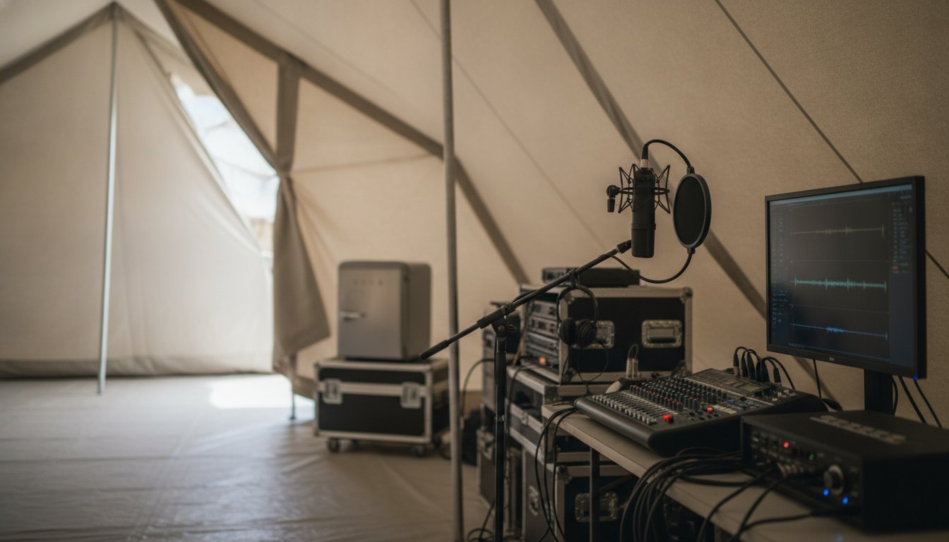 Estúdio temporário montado em uma tenda com equipamentos de gravação e um frigobar ao fundo.