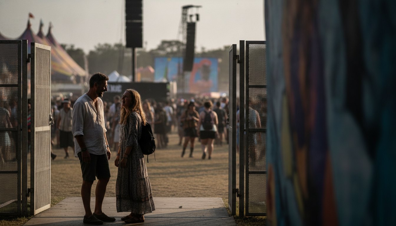 Pai e filha adolescente sorrindo perto da grade de acesso de um grande festival musical