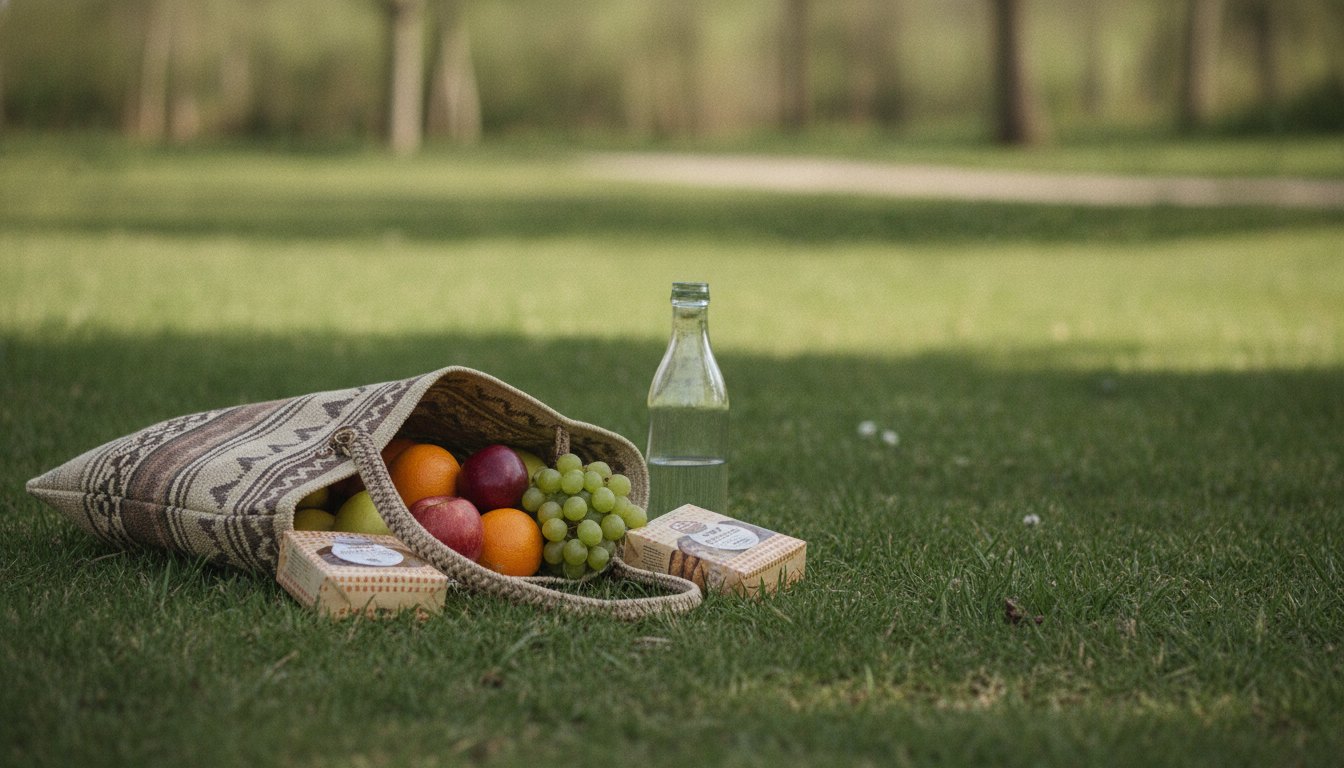 Mochila aberta no gramado com frutas, biscoitos em embalagens fechadas e garrafa de água transparente.