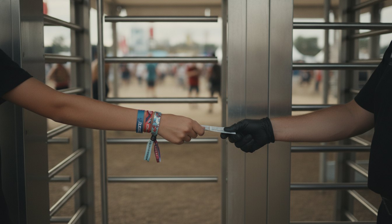 adolescente com pulseira de festival entregando documento de identidade para segurança na catraca de entrada