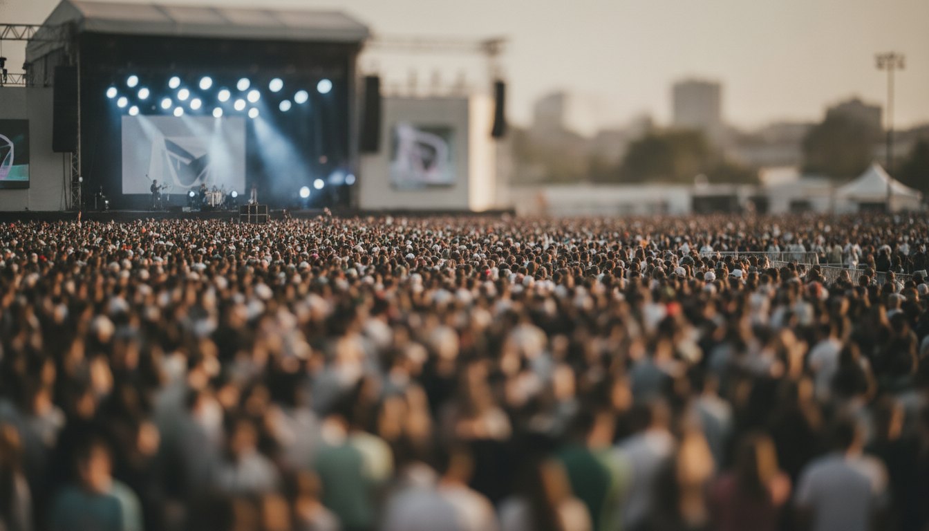 Multidão de jovens assistindo a uma apresentação musical em frente a um grande palco iluminado.