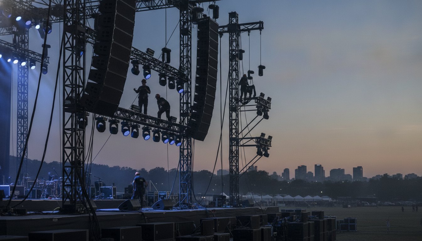 Técnicos de som e iluminação ajustando equipamentos em um grande palco de festival durante a noite.