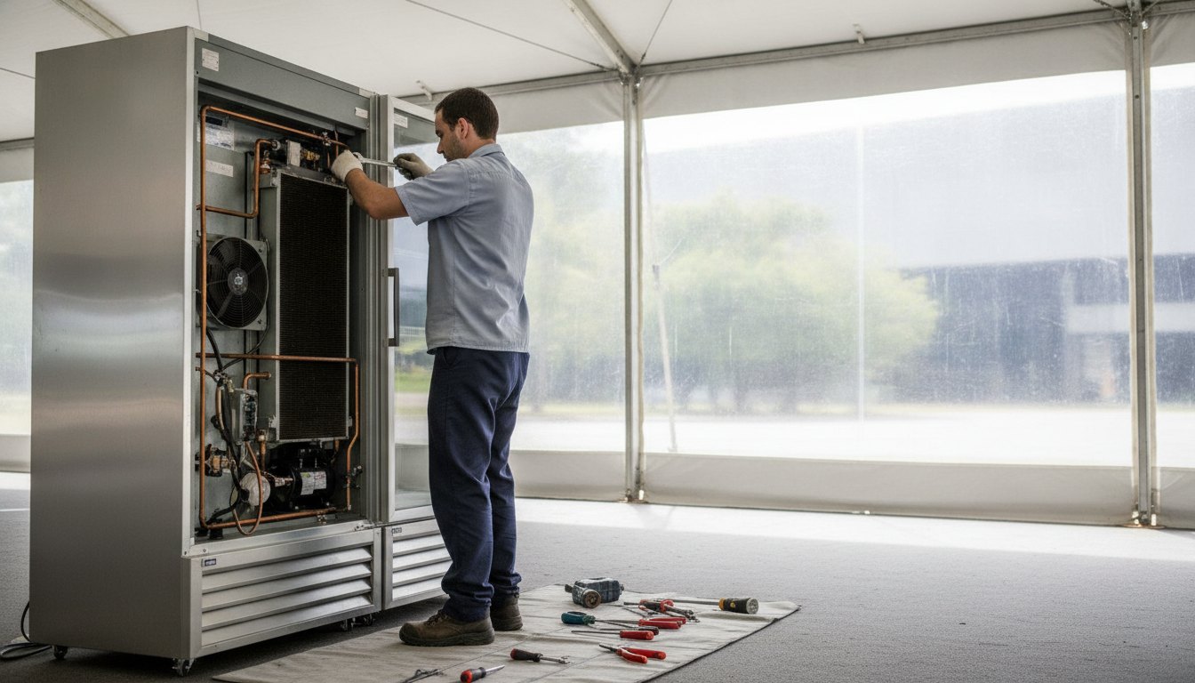 Técnico uniformizado ajustando os componentes traseiros de um refrigerador comercial em uma tenda de evento