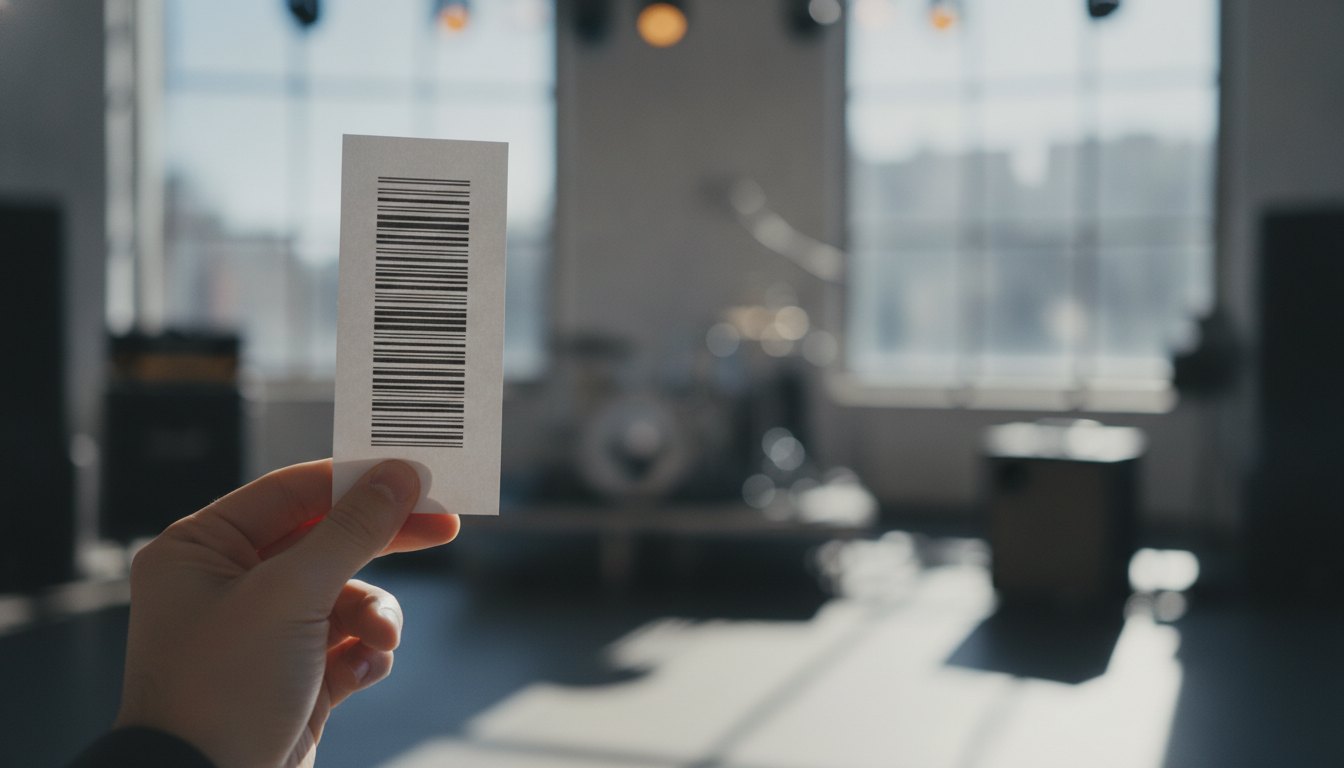 Mão segurando um ingresso impresso com código de barras em frente a um palco desfocado.