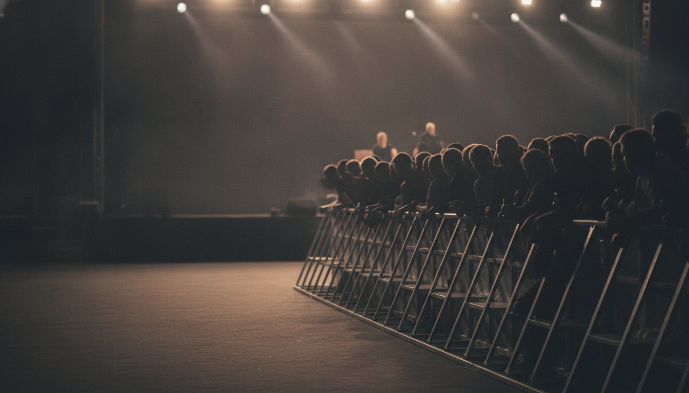 Multidão de pessoas aglomeradas perto das grades de contenção de um palco à noite.