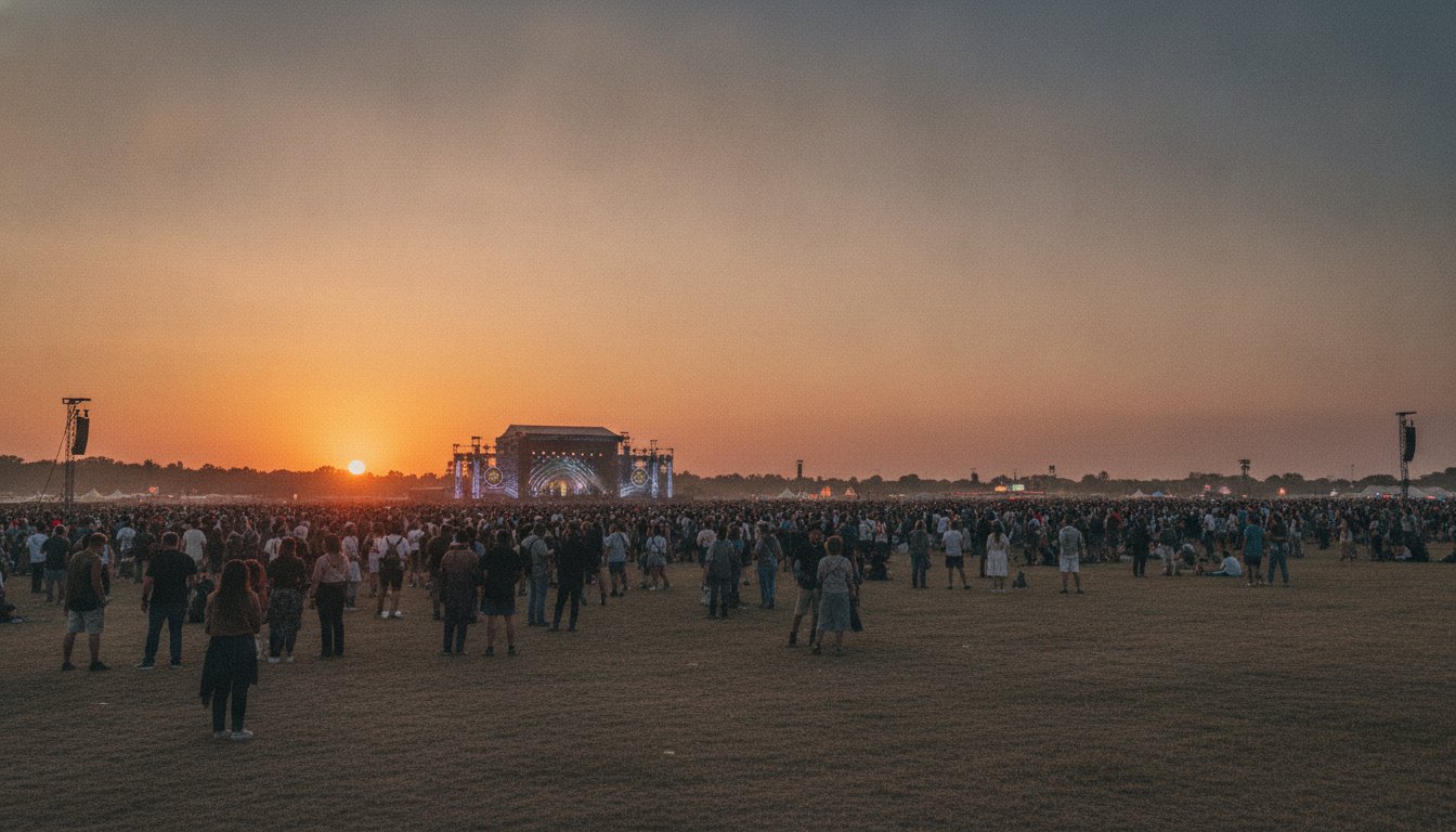 Multidão assistindo a um show em festival de música durante o pôr do sol.