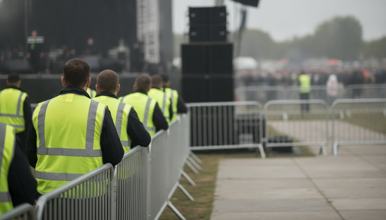 Profissionais de segurança com coletes refletivos observando o público próximo à grade de um palco.